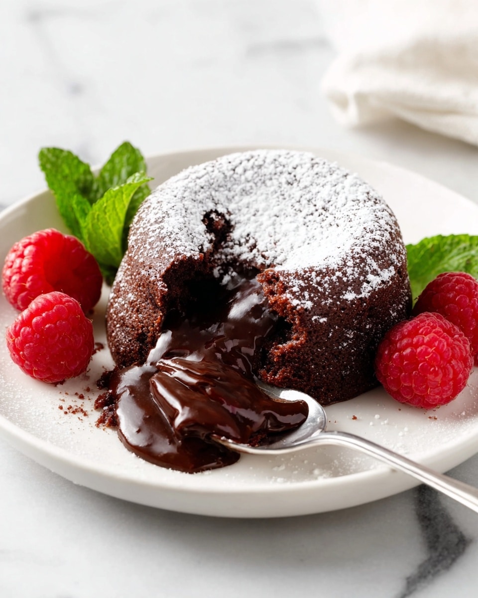 The image shows a white plate with a warm chocolate lava cake that has a dark brown, slightly rough outer layer dusted with powdered sugar. The cake's top is broken open, revealing a rich, shiny, dark chocolate inside that flows out slightly. On top of the cake, there is a smooth, creamy white scoop of vanilla ice cream. Next to the cake on the plate, there are two fresh red raspberries and some green mint leaves. A silver spoon holds a bite of the cake with a creamy white melting part. The background is a white marbled texture. Photo taken with an iphone --ar 4:5 --v 7