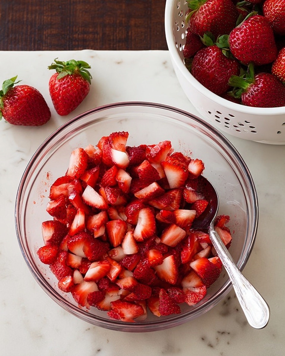 A clear glass bowl filled with many pieces of chopped strawberries that are bright red with some white near the edges, with a small silver spoon placed inside the bowl on the right side. On the left side next to the bowl, there are two whole strawberries with green leaves, and behind them, a white colander filled with whole strawberries. The surface is a white marbled texture. photo taken with an iphone --ar 4:5 --v 7