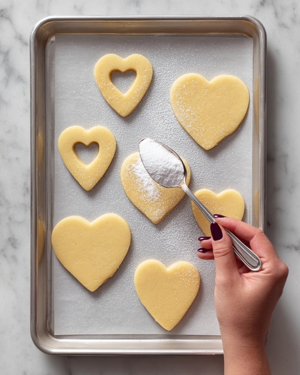 A metal baking tray lined with parchment paper holds seven heart-shaped cookie dough pieces of different sizes, some solid and others with smaller heart cutouts inside. The cookie dough is a smooth pale yellow, lightly dusted with white sugar. A woman's hand with dark painted nails holds a silver spoon with white sugar, sprinkling it over the dough. The tray rests on a white marbled surface. photo taken with an iphone --ar 4:5 --v 7