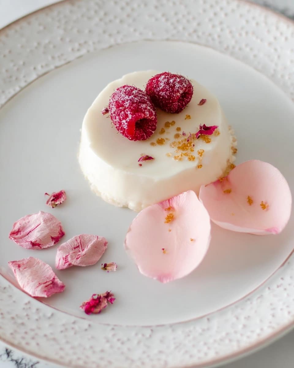 A white round dessert with a smooth and creamy texture sits in the center of a white plate with a delicate rim pattern. On top of the dessert, there are two frosted red raspberries and a pale pink petal with small golden sprinkles scattered around. To the left of the dessert on the plate, three frosted pink rose petals and one small frosted pink rosebud lay flat. The plate is on a white marbled surface. photo taken with an iphone --ar 4:5 --v 7