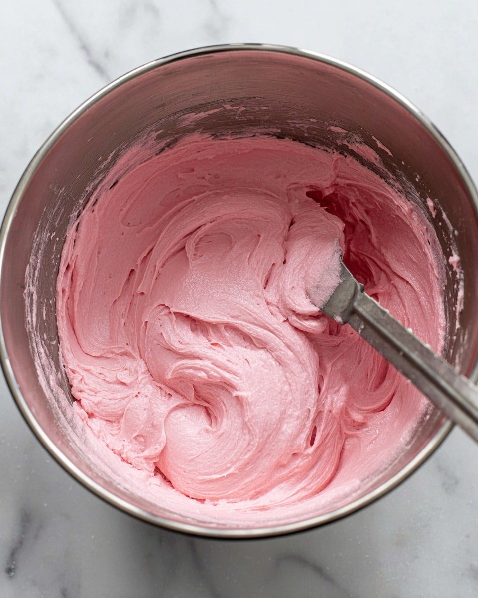 A close-up view of a shiny metal mixing bowl filled with a smooth, thick pink frosting that has a soft and creamy texture. The pink frosting swirls gently around the bowl, showing some light folds and ridges from stirring. A metal spatula, partially covered in the same pink frosting, rests inside the bowl, blending into the mix. The bowl is set on a white marbled surface that brightens the scene, giving a clean and fresh feeling. photo taken with an iphone --ar 4:5 --v 7