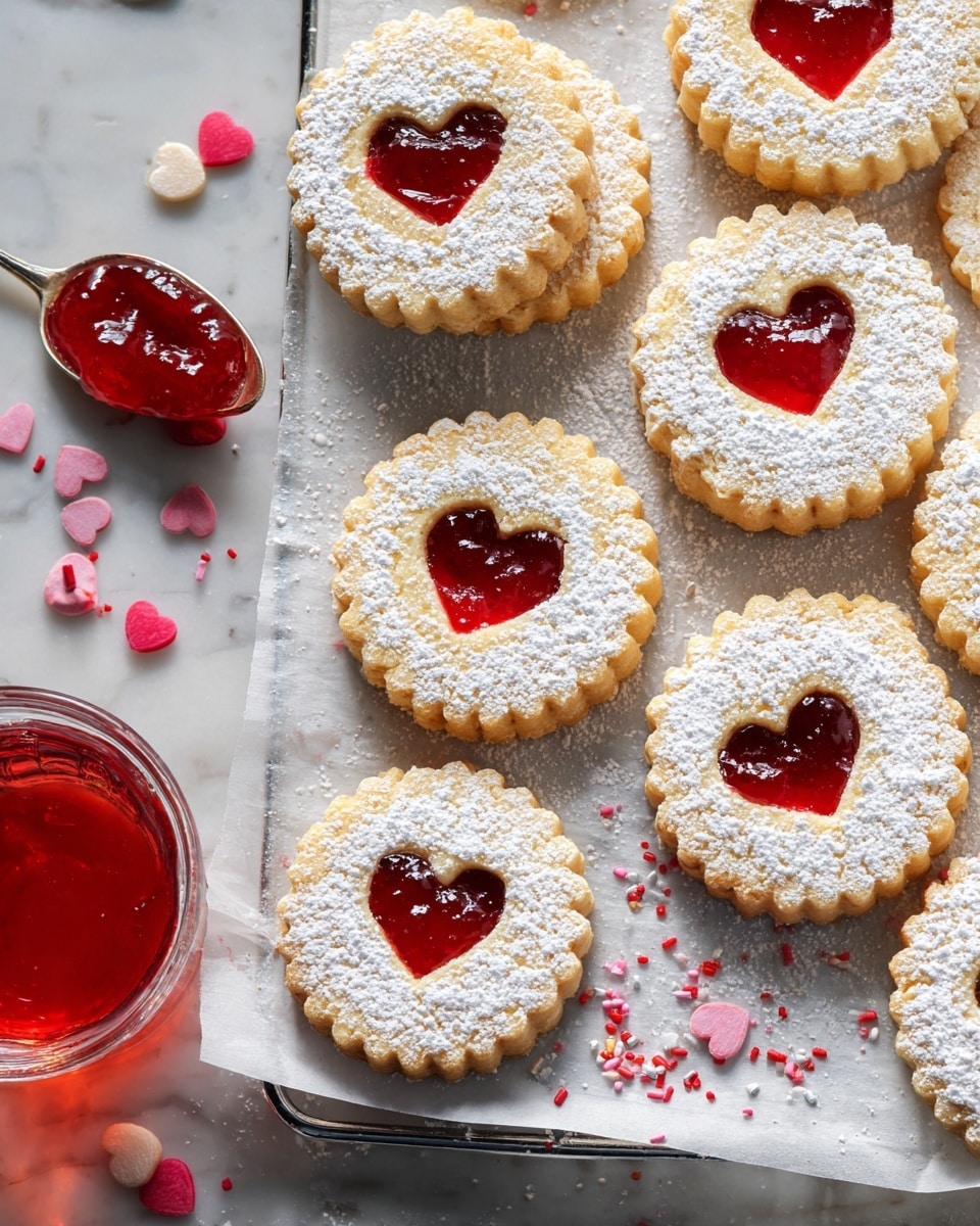 The image shows several round sandwich cookies with scalloped edges arranged on white parchment paper over a white marbled surface. Each cookie has two layers: a bottom layer of pale golden biscuit and a top layer dusted with powdered sugar, featuring a heart-shaped cutout in the center filled with bright red jelly. The jelly layer is glossy and slightly translucent, creating a beautiful contrast with the soft white powdered sugar and the golden biscuit. Some crumbs and heart-shaped sprinkles are scattered lightly around the cookies. Photo taken with an iphone --ar 4:5 --v 7