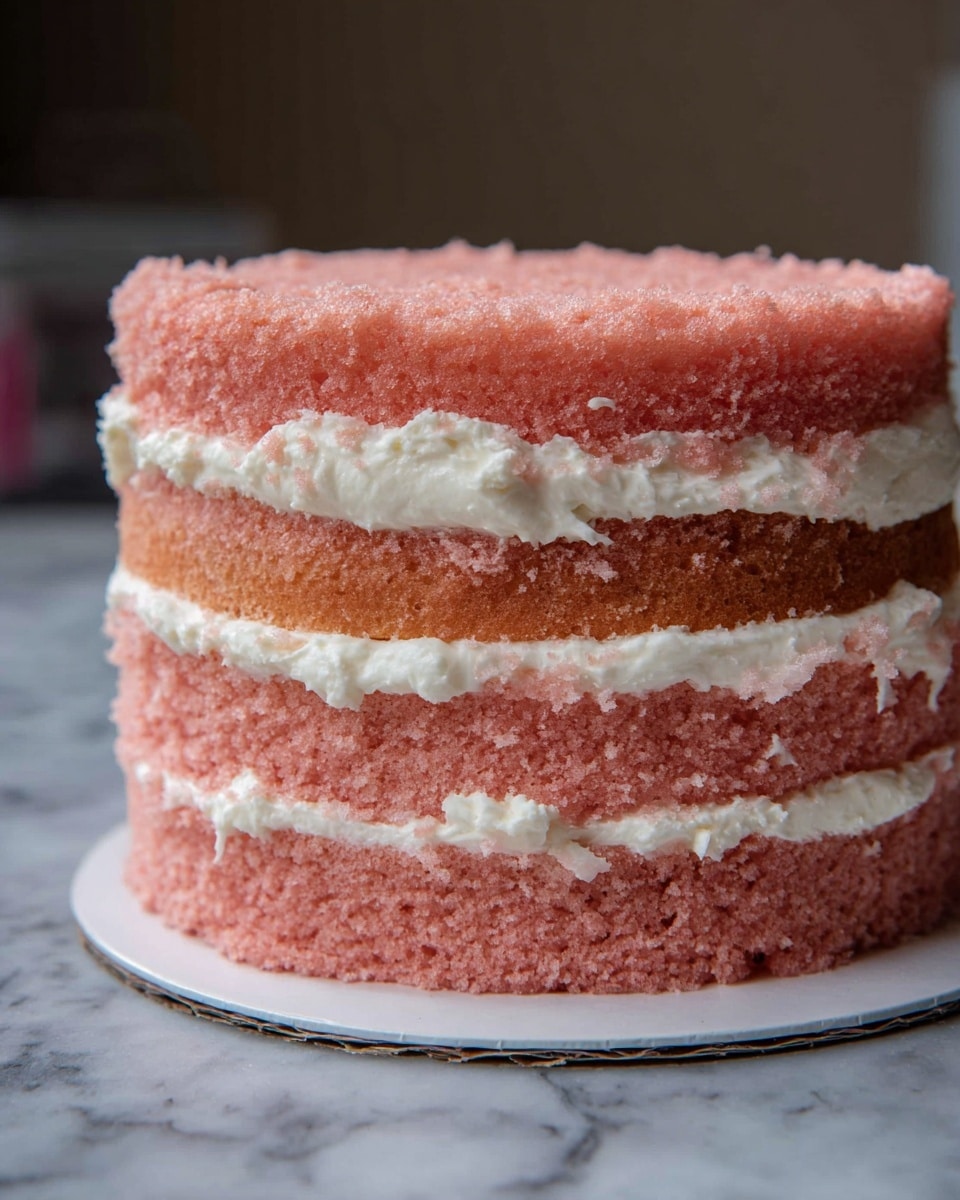 A three-layer pink sponge cake with visible soft, crumbly texture. Each layer is separated by a thick, uneven spread of white cream, with some cream slightly dripping over the edges. The cake sits on a white round base on a white marbled surface. The background is blurry and dark, putting clear focus on the cake. photo taken with an iphone --ar 4:5 --v 7