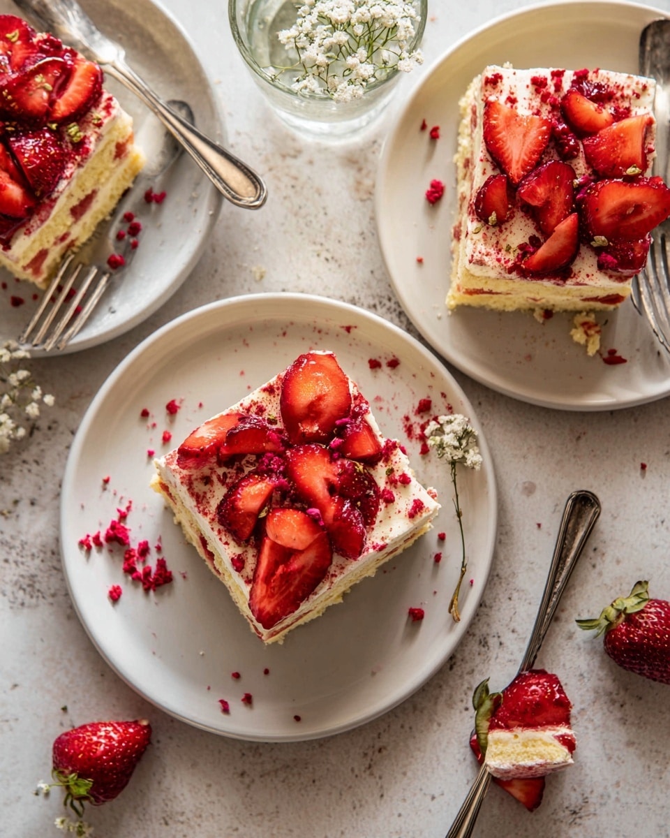 A square white ceramic dish filled with a creamy pale yellow layer topped generously with bright red, thinly sliced strawberries arranged in a slightly overlapping pattern. The strawberries cover almost the entire surface, scattered with small pieces of crushed red freeze-dried berries for added texture. There are a few small white edible flowers placed delicately on top for decoration. The dish sits on a white marbled textured surface with a glass of water containing white flowers placed in the upper right background. Photo taken with an iphone --ar 4:5 --v 7