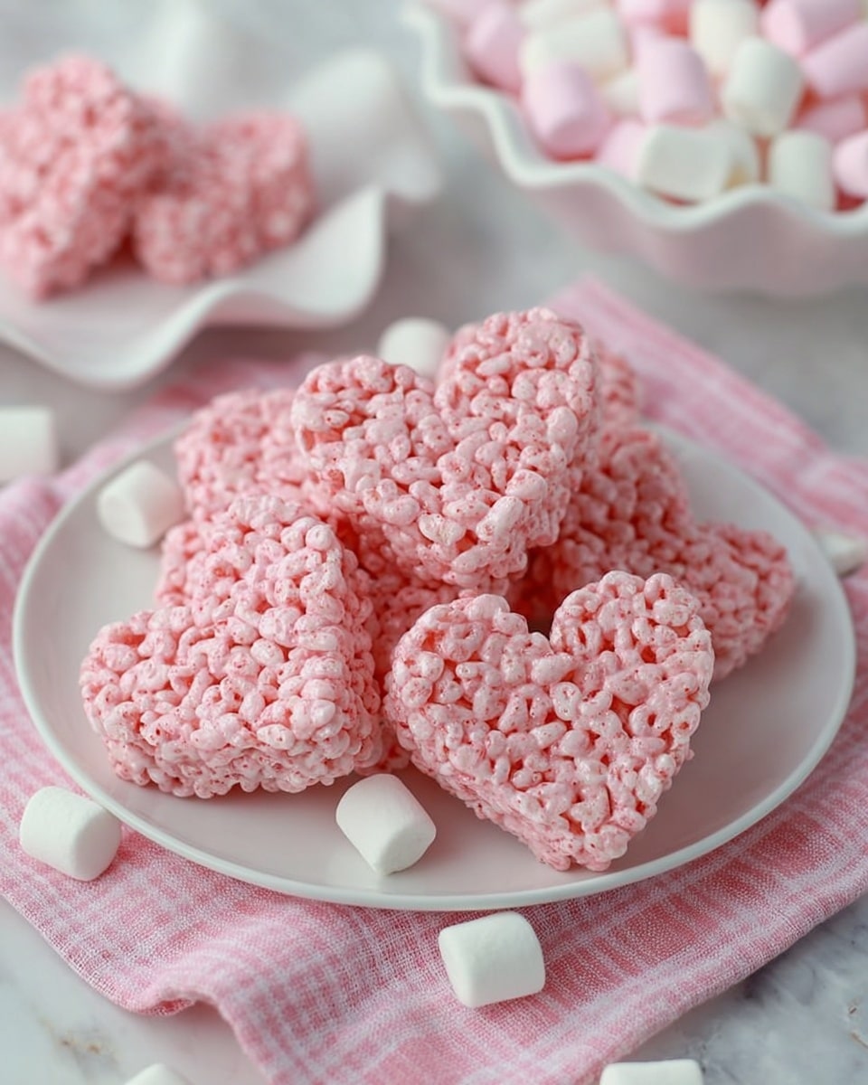 The image shows several heart-shaped pink crispy treats made from puffed rice and white marshmallow pieces. These treats are placed in a pile on a white round plate that is set on a pink and white checkered cloth over a white marbled surface. Around the plate, there are small white marshmallows scattered. In the background, a white bowl filled with mini marshmallows is slightly out of focus. Part of a white, scalloped edge plate holds more pink crispy treats on the left side. The colors are soft, with the pink treats contrasting against the white dish and surface, creating a cozy, sweet feeling. Photo taken with an iphone --ar 4:5 --v 7