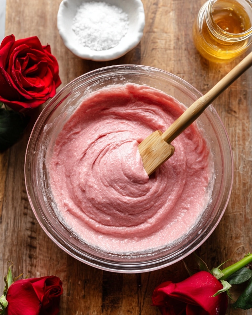 A clear glass bowl filled with a thick, smooth pink batter swirled gently with a wooden spatula resting inside. The bowl is placed on a rustic wooden surface with two red roses positioned near the bottom edge and one red rose near the top right. Near the top left, there is a small white dish containing coarse salt and a glass of honey above it. The background is changed to a white marbled texture. photo taken with an iphone --ar 4:5 --v 7