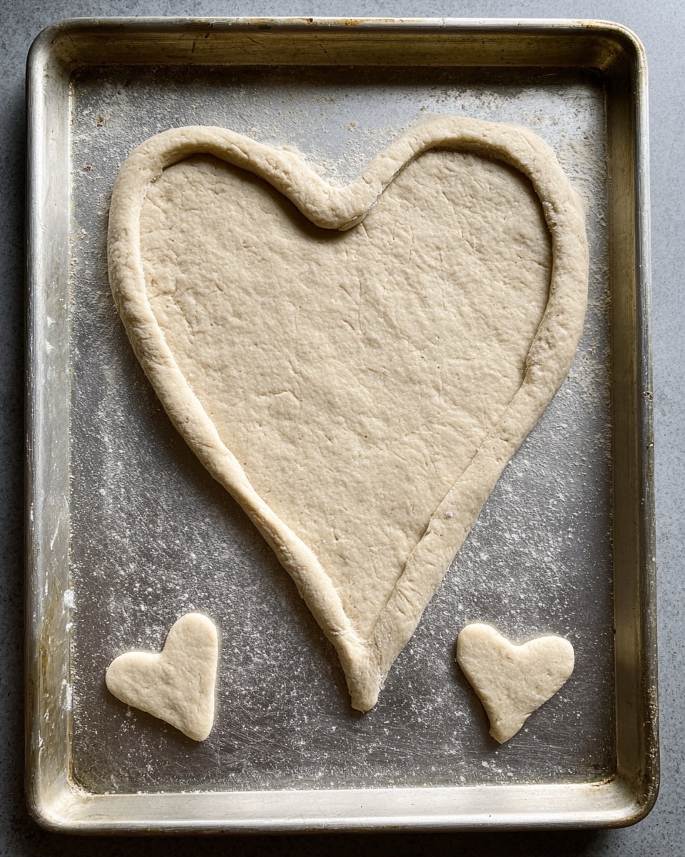 The image shows a large heart shape made from light beige dough placed on a metal baking tray. The heart has a thicker edge forming a raised border all around it, with a slightly rough but even surface in the middle. Around the big heart, there are three smaller dough shapes: one small heart on the left, one small heart below the big heart, and a small check mark or tick shape on the right. The baking tray has a worn, matte gray surface, showing small scratches and marks. photo taken with an iphone --ar 4:5 --v 7