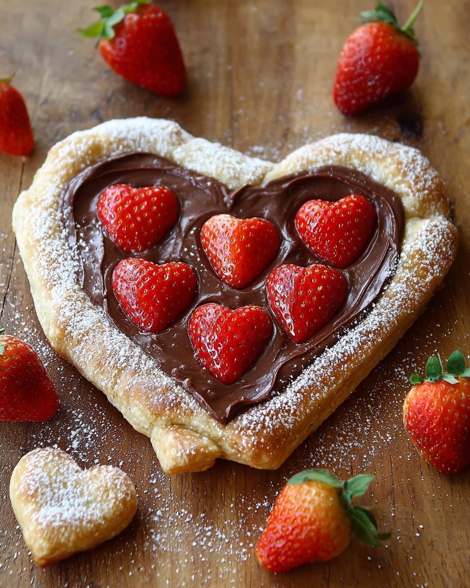 A heart-shaped pastry with a golden-brown crust dusted lightly with white powdered sugar forms the base, filled with a smooth, shiny dark brown chocolate spread covering the entire inner surface. On top, nine small heart-shaped red strawberries with visible seeds are placed evenly across the chocolate layer. Around the main heart pastry are smaller heart-shaped pastries, also dusted with powdered sugar, and several whole strawberries with green leaves scattered on a wooden surface. photo taken with an iphone --ar 4:5 --v 7