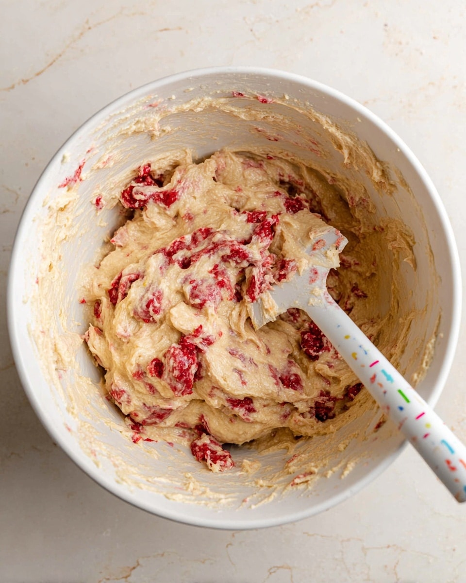 A top-down view of a white bowl filled with creamy, light beige batter mixed with bright red berry pieces spread unevenly throughout. The batter has a soft and slightly chunky texture with some bits sticking to the bowl's sides. Inside the bowl, a white spatula with small colorful marks on the handle is partially covered in batter and lies flat in the mixture. The bowl rests on a white marbled surface. photo taken with an iphone --ar 4:5 --v 7