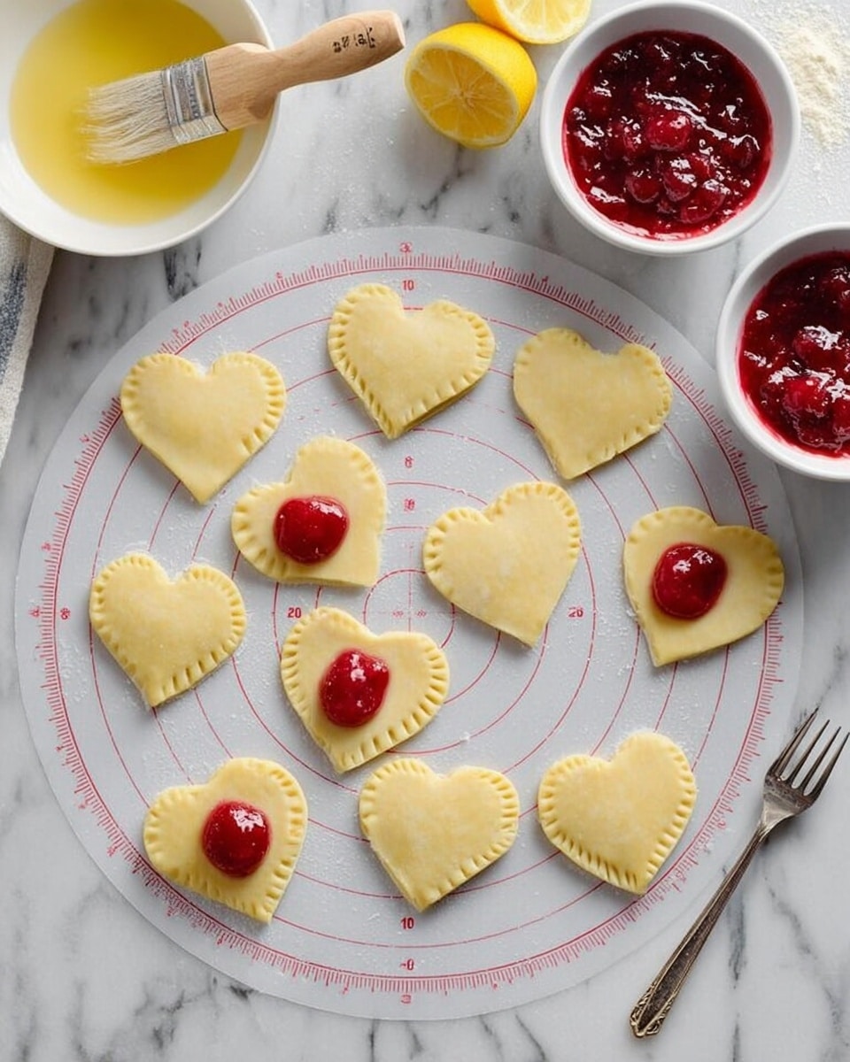 A white marbled surface holds a circular dough mat with measuring rings, displaying several pale yellow heart-shaped dough pieces scattered around. On some heart dough shapes, glossy red cherry filling is neatly placed in small mounds near the center. One heart is covered by another dough piece and sealed around the edges with fork marks, showing a filled pocket. At the top left, a white bowl with a yellow liquid and a wooden brush lies beside a half lemon, and at the top right, a white bowl contains more red cherry filling with a spoon inside. A small fork is placed near the bottom right edge of the dough mat. photo taken with an iphone --ar 4:5 --v 7