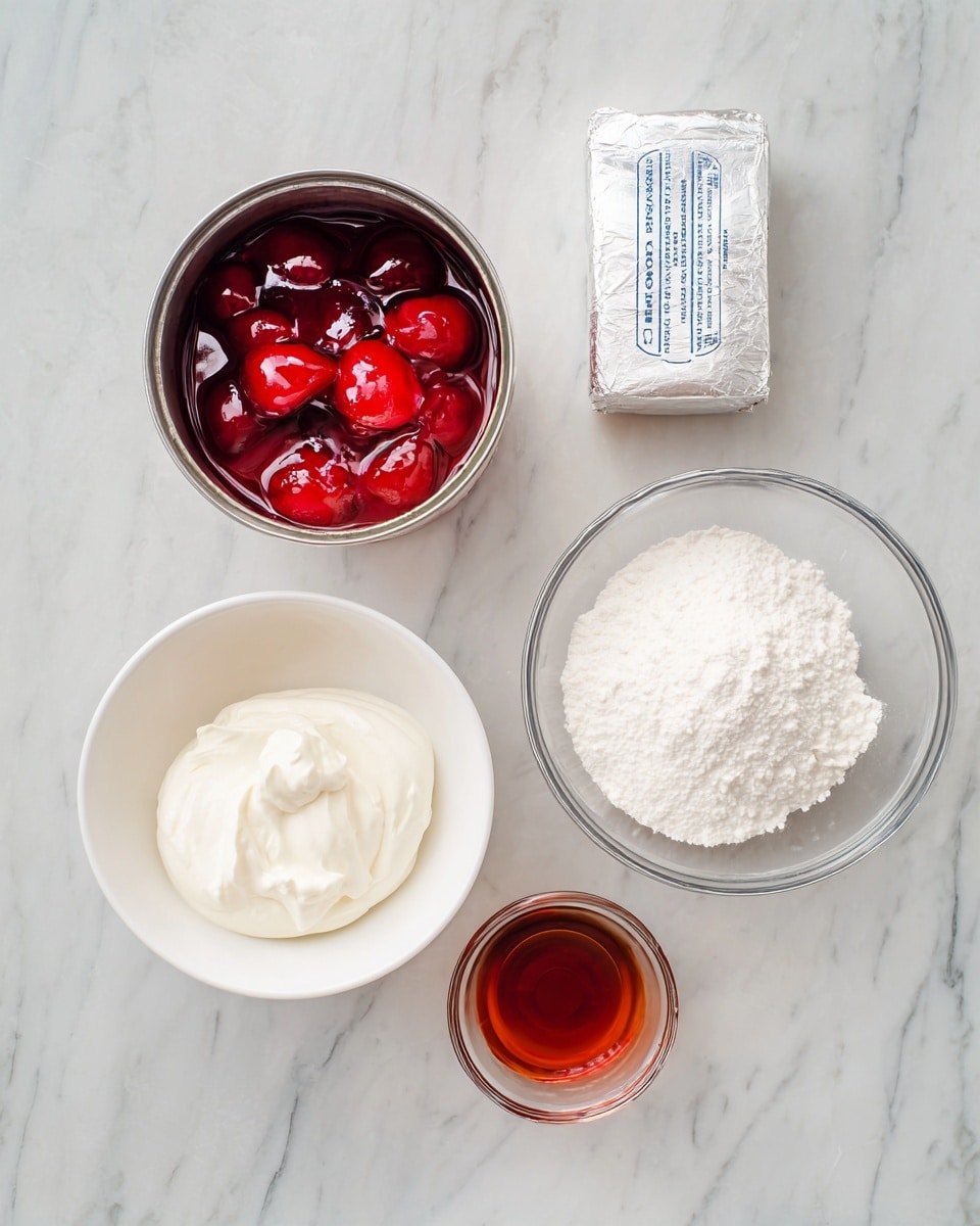The image shows five ingredients placed on a white marbled surface. At the top left, there is an open metal can filled with bright red cherries in syrup. Next to it on the right, there is a clear glass bowl filled with white powdered sugar. Below the bowl of powdered sugar, there is a wrapped silver block of cream cheese with blue text on the wrapper. To the left of the cream cheese, there is a white bowl containing smooth white whipped cream with a small swirl on top. At the bottom center, there is a small clear glass bowl holding amber-colored vanilla extract. The arrangement is neat and well spaced. Photo taken with an iphone --ar 4:5 --v 7