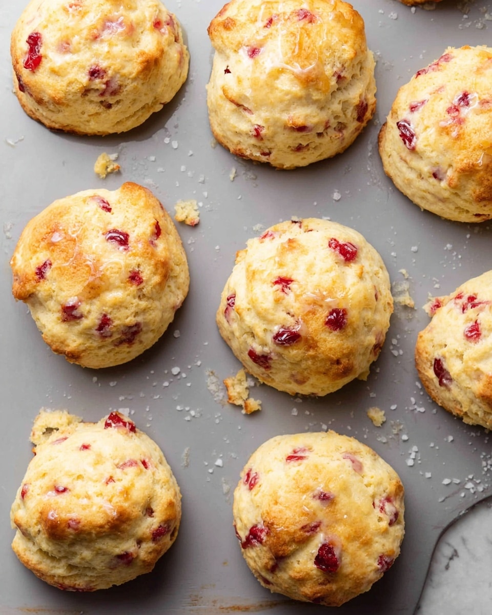 A batch of nine round, golden baked scones with a slightly rough texture, each studded with small pieces of red fruit or jam, arranged loosely on a smooth gray baking tray. The scones have a light brown top with some areas a bit shiny from melted butter or egg wash. Tiny bits of crust are scattered around the tray, and some small white spots, possibly salt or sugar grains, are visible. The background is a white marbled surface. photo taken with an iphone --ar 4:5 --v 7