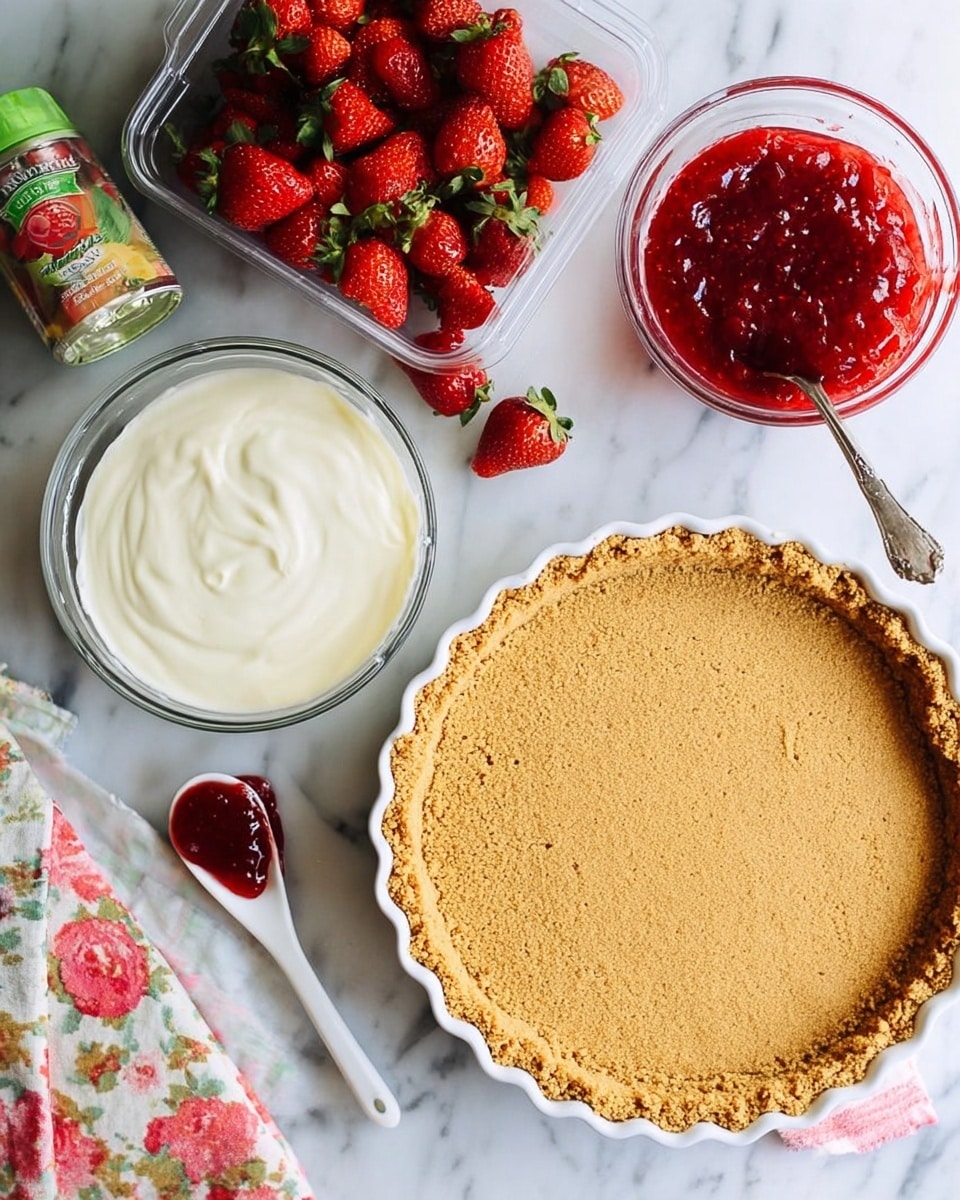 A flat golden brown graham cracker crust sits in a white tart pan at the bottom right, its crumbly texture visible with slightly ruffled edges. Above it on the white marbled surface, a clear glass bowl contains smooth, creamy off-white filling with a silver spoon inside. To the bowl’s left, a small white spoon rests on the surface with a small amount of red strawberry jam. Next to that, a clear round glass bowl that holds thick red strawberry jam, glistening with texture. At the top left, there is a clear plastic container with bright red strawberries, some loose strawberries with bright green leaves scattered near a cloth napkin adorned with red, pink, and beige floral patterns. photo taken with an iphone --ar 4:5 --v 7