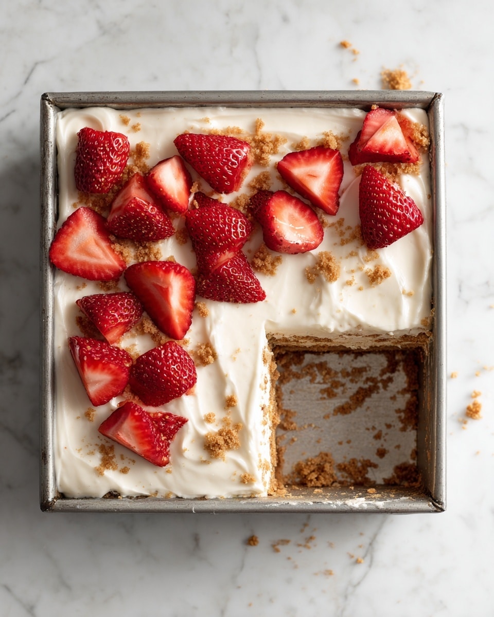 The image shows a dessert in a square metal baking tray placed on a white marbled surface. The dessert has three visible layers: the bottom and middle layers are made of light brown biscuit-like pieces mixed with cream, and the top layer is a smooth white cream covering the entire surface. On top of the cream, there is a neat arrangement of halved red strawberries evenly spaced. One piece has been removed from the tray, revealing the inside layers and some scattered crumbs at the empty spot. Photo taken with an iphone --ar 4:5 --v 7
