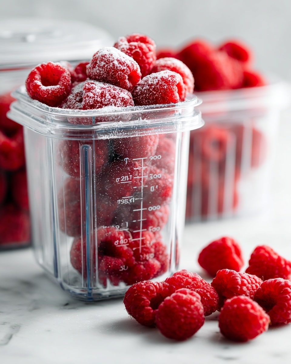 A clear KitchenAid blender cup placed on a white marbled surface holds bright red raspberries with a layer of white sugar dusted on top, showing measurements on the side of the cup. In front of it is a clear plastic container filled with fresh, plump raspberries, and another similar container of raspberries is slightly blurred in the background. The raspberries are vibrant and textured, sitting against the smooth, shiny surface. photo taken with an iphone --ar 4:5 --v 7