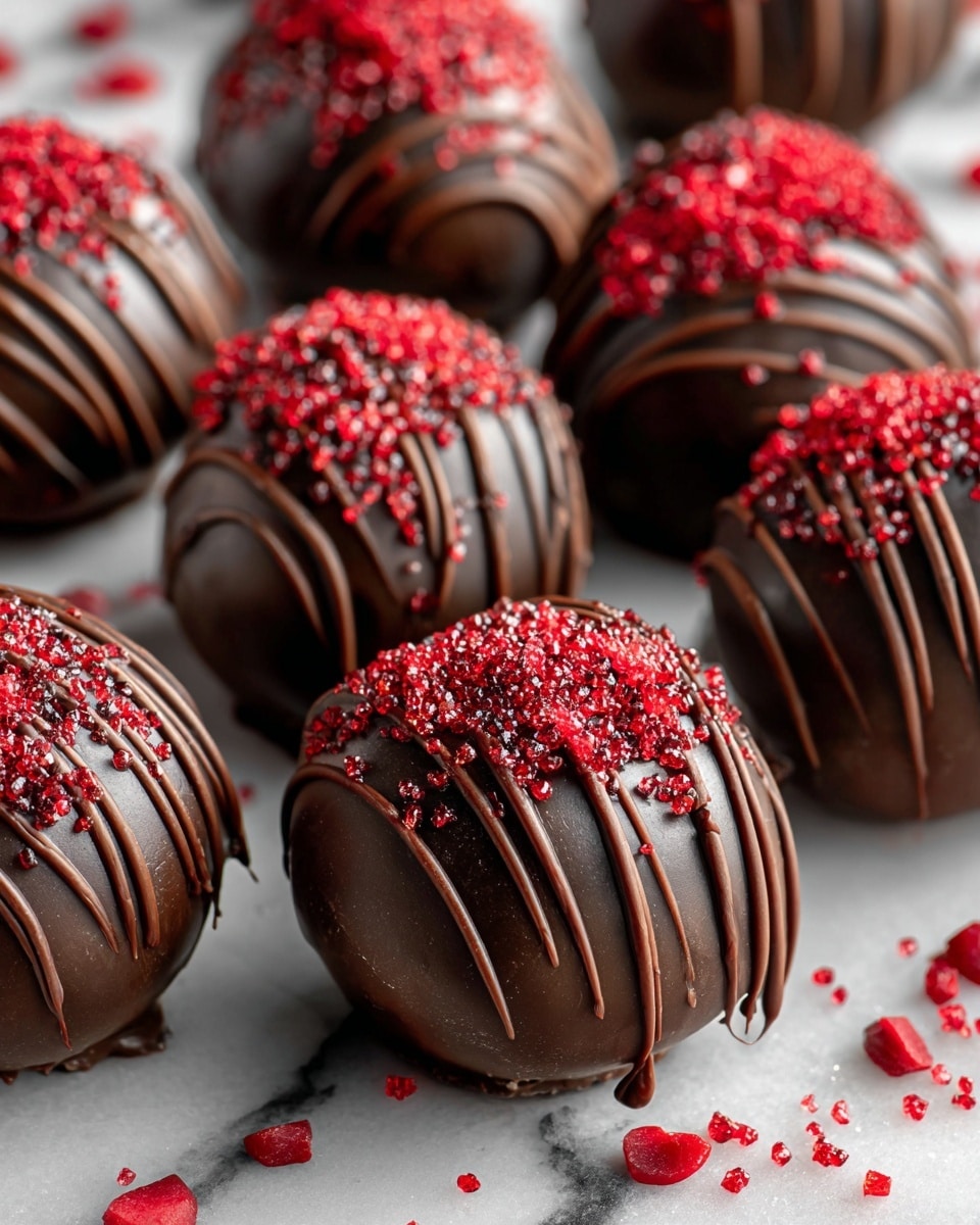 Round chocolate balls are arranged closely on a white marbled surface. Each ball has a smooth dark brown chocolate coating, with thin dark chocolate stripes drizzled across the top in horizontal lines. Red sugar crystals are sprinkled generously over the tops, adding bright red color and a rough texture contrast. Some extra dark chocolate drizzle and red crystals are scattered on the white marbled surface around the balls, creating a decorative look. photo taken with an iphone --ar 4:5 --v 7