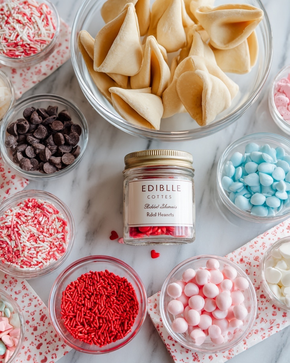 The image shows a white marbled surface with small bowls arranged on a white mat with tiny red hearts. There is a large clear bowl in the top left filled with folded light brown fortune cookies. Surrounding it are smaller clear bowls containing colorful sprinkles in red, pink, white, and blue, small dark chocolate chips, and red, white, and pink round candy melts. In the center is a small jar labeled