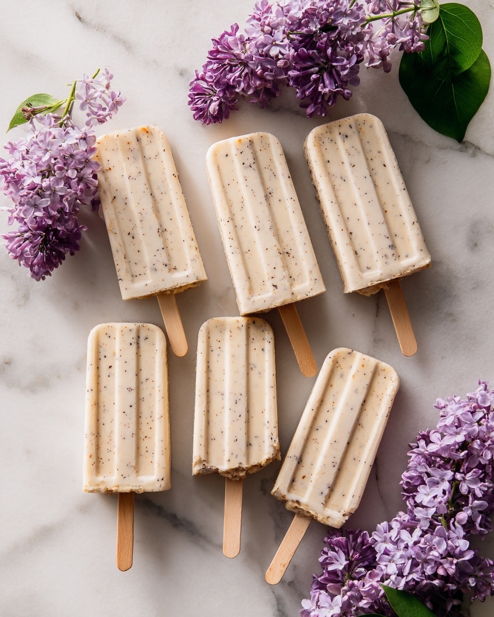 The image shows six light tan popsicles with small dark specs evenly spread throughout their smooth and creamy texture. They lie flat on a white marbled surface, with wooden sticks visible at one end. On the top left side of the popsicles, there is a small bunch of purple lilac flowers with green leaves, adding a natural and fresh contrast to the scene. The overall look is soft and inviting with a subtle creamy shine. photo taken with an iphone --ar 4:5 --v 7