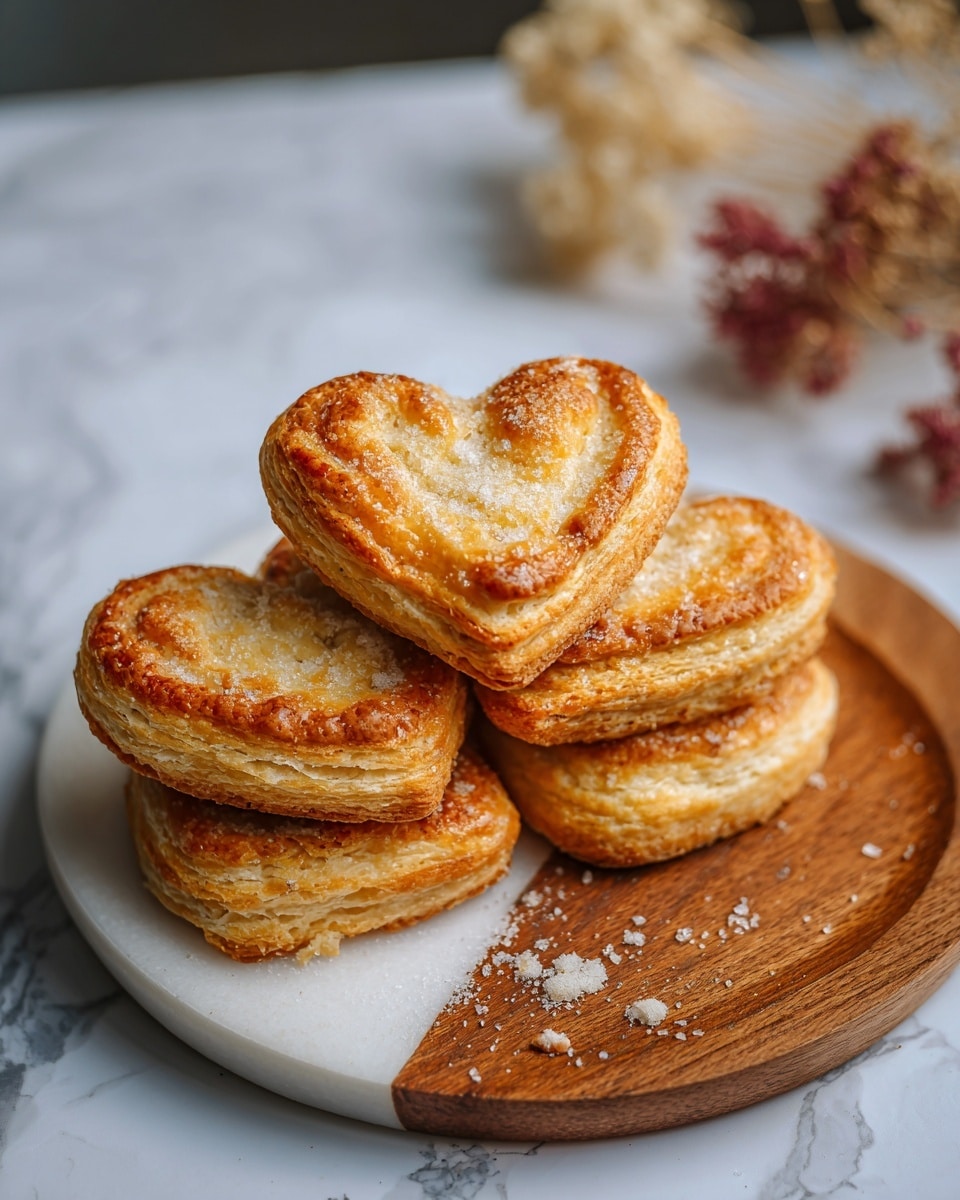 A white plate holds one heart-shaped pastry with two layers of light golden brown dough folded over a dark filling. The edges are pressed down with a fork to seal, showing a ridged texture, and the top is sprinkled with coarse white sugar crystals. In the background, two more similar pastries rest directly on a white marbled surface with a few small white dried flowers adding a gentle touch to the scene. The photo taken with an iphone --ar 4:5 --v 7