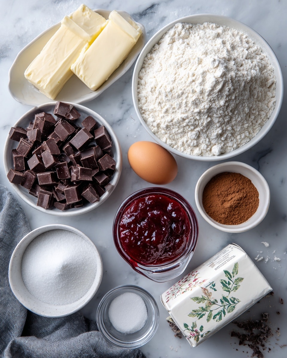 The image shows a white marbled surface with different baking ingredients arranged neatly. At the top right, a bowl filled with white all-purpose flour sits next to two sticks of pale unsalted butter. Below the flour, there is a measuring cup filled with dark red raspberry jam. To the left of the flour is a round white bowl filled with small dark brown pieces of semi-sweet chocolate. In the bottom left, a white bowl holds granulated white sugar, and above it, a smaller white dish contains ground cinnamon, which is brown. Between the sugar and the butter, a single brown egg rests on the surface. Near the center, a small clear bowl contains coarse white kosher salt. On the bottom right, a white cream cheese box with colorful leaf designs is placed. There is a gray cloth on the left edge of the image. All ingredients are arranged clearly and spaced out on the white marbled surface photo taken with an iphone --ar 4:5 --v 7