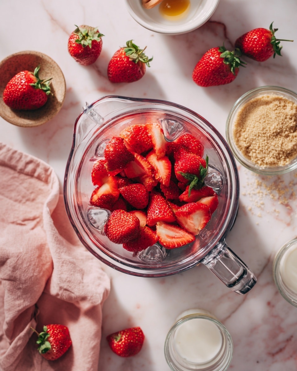 The image shows a top view of fresh and cut red strawberries inside a clear blender jar, placed on a white marbled surface. Around the blender, whole red strawberries with green tops are scattered near a soft pink cloth on the left side. A small clear glass bowl with light brown crumbs is placed toward the top right, while two small clear glasses containing white liquids are near the bottom side. The setting looks fresh and clean with bright natural light. Photo taken with an iphone --ar 4:5 --v 7
