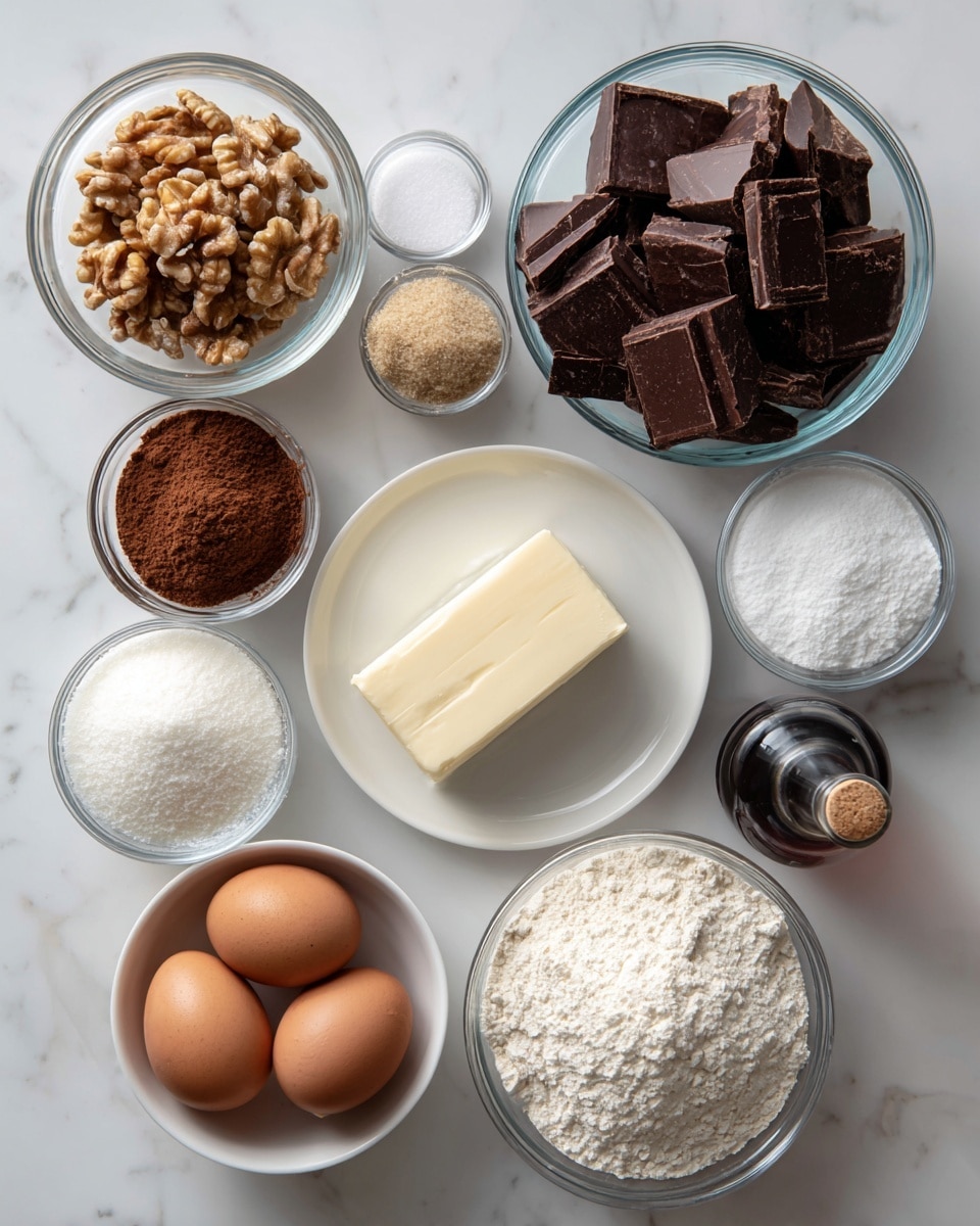 The image shows a top-down view of various baking ingredients arranged neatly on a white marbled surface. In the center, there is one white plate with a small block of light cream-colored butter. Around it, there is a clear glass bowl filled with dark brown chocolate chunks on the upper left side, and a small clear bowl with light brown walnut pieces below it. To the right of the walnuts, there are four metal bowls containing white granulated sugar, light brown sugar, cocoa powder, and white flour moving clockwise. Near the bottom, a white bowl holds three brown eggs, and to the right of the eggs is a small glass bowl with a little salt and next to it a dark bottle, likely vanilla extract. All items are placed with space between and the focus is on the clean, organized setup of ingredients photo taken with an iphone --ar 4:5 --v 7