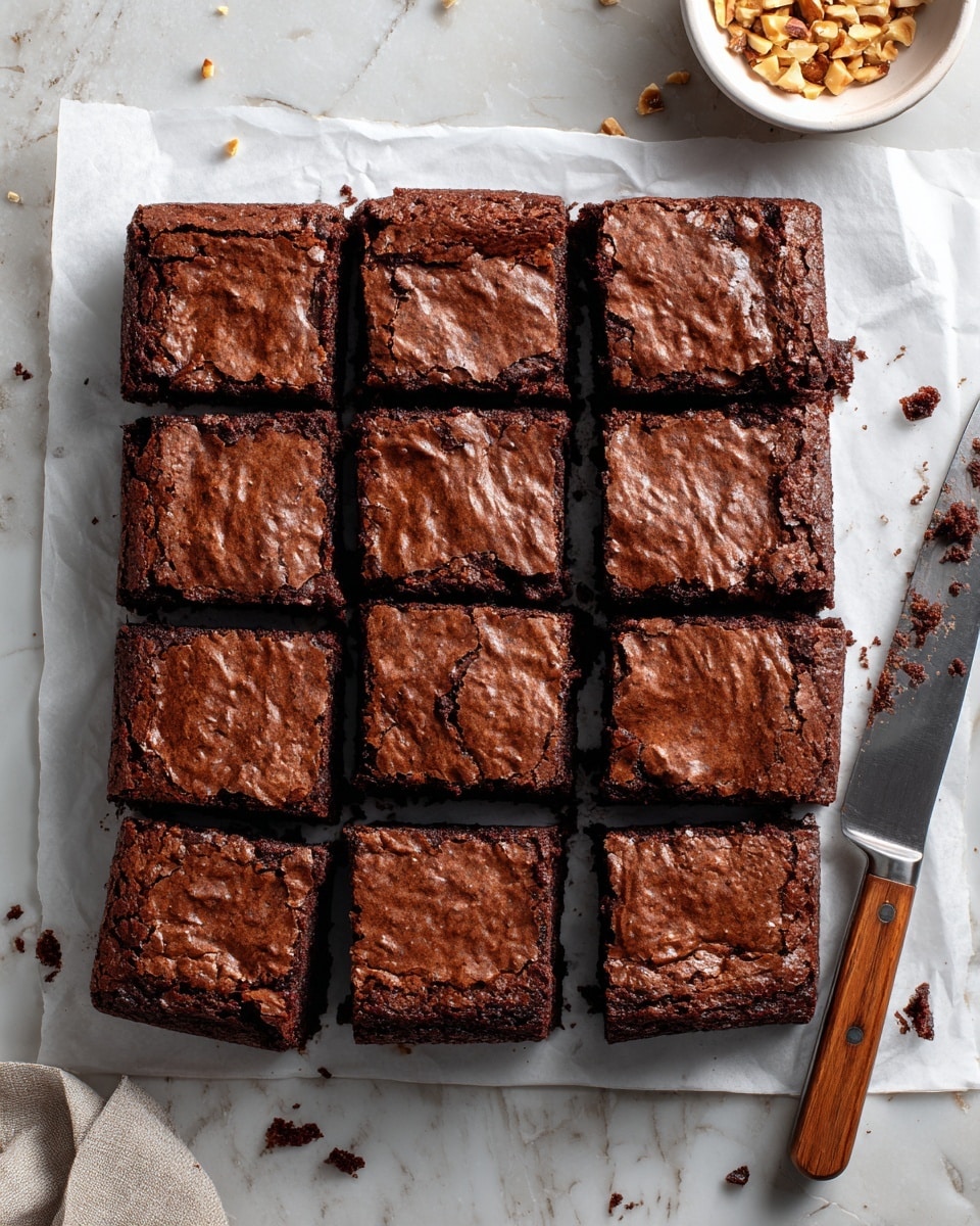 A single thick square brownie sits on a white plate, showing two main layers: the top layer is a thin, cracked, dry, dark brown crust with a slightly shiny surface, while the bottom layer is dense, fudgy, and moist with a rich dark chocolate color and scattered light tan nut pieces inside. The plate is placed on a wooden surface with a blurred background of the remaining brownies. Photo taken with an iphone --ar 4:5 --v 7