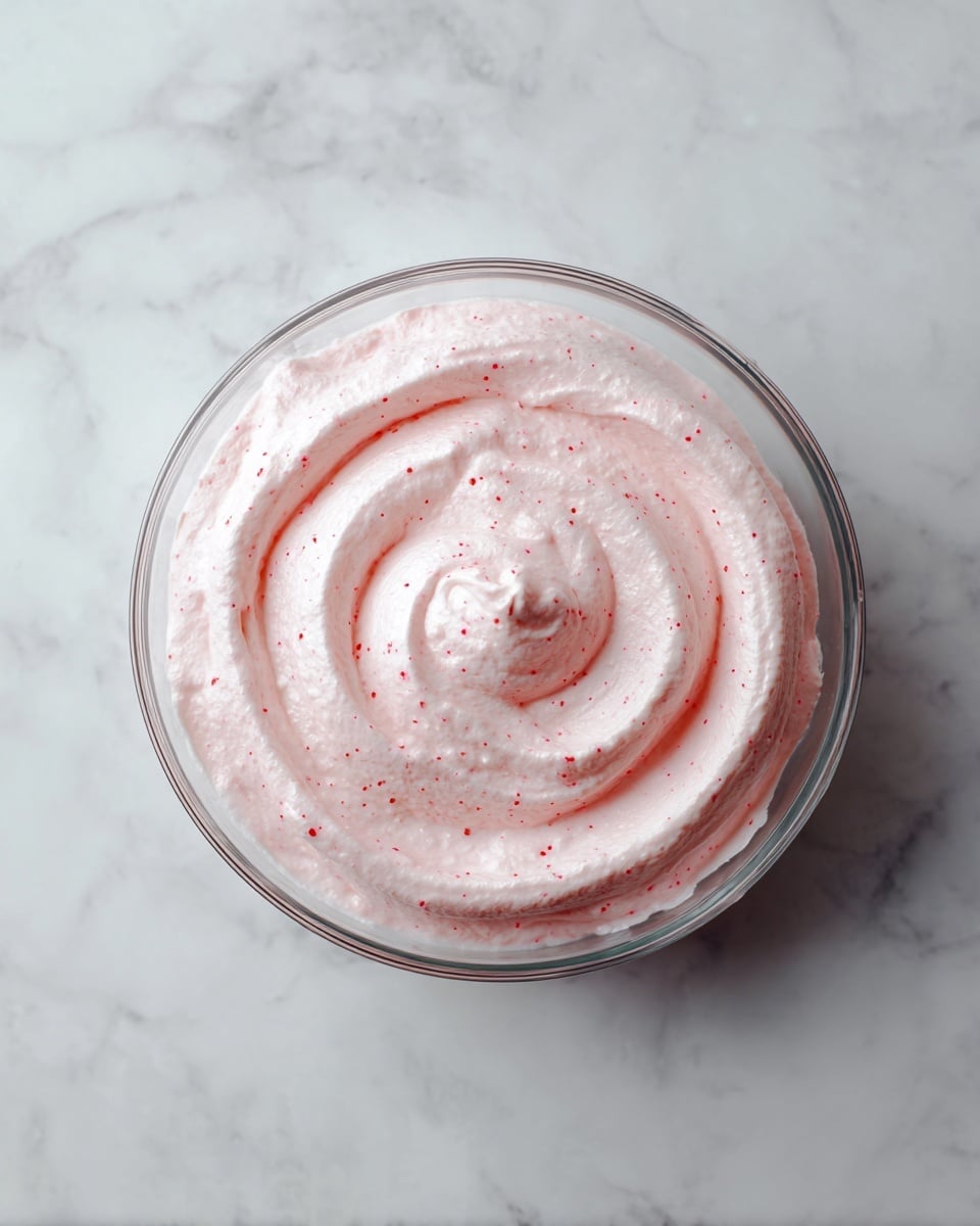 A clear glass bowl sits on a white marbled surface holding one thick layer of light pink whipped cream with tiny red specks evenly mixed in, showing a smooth and fluffy texture with a small swirl indentation near the center. photo taken with an iphone --ar 4:5 --v 7
