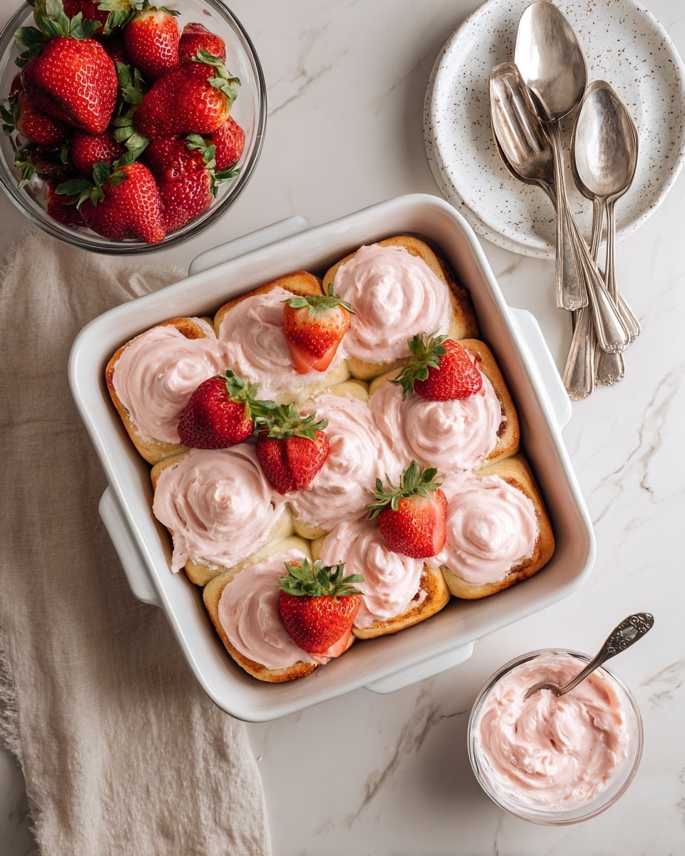 The image shows a white square baking dish filled with twelve soft, golden-brown swirled buns arranged in a 3 by 4 grid. Each bun has a light shiny crust with a visible spiral pattern of red jam layered evenly inside, adding a glossy, sticky texture. The buns appear fluffy with a smooth, slightly shiny finish on top, and there is a light dusting of sugar or glaze that gives them a subtle sparkle. The baking dish is placed on a white marbled surface with a beige cloth partly visible beneath it. photo taken with an iphone --ar 4:5 --v 7