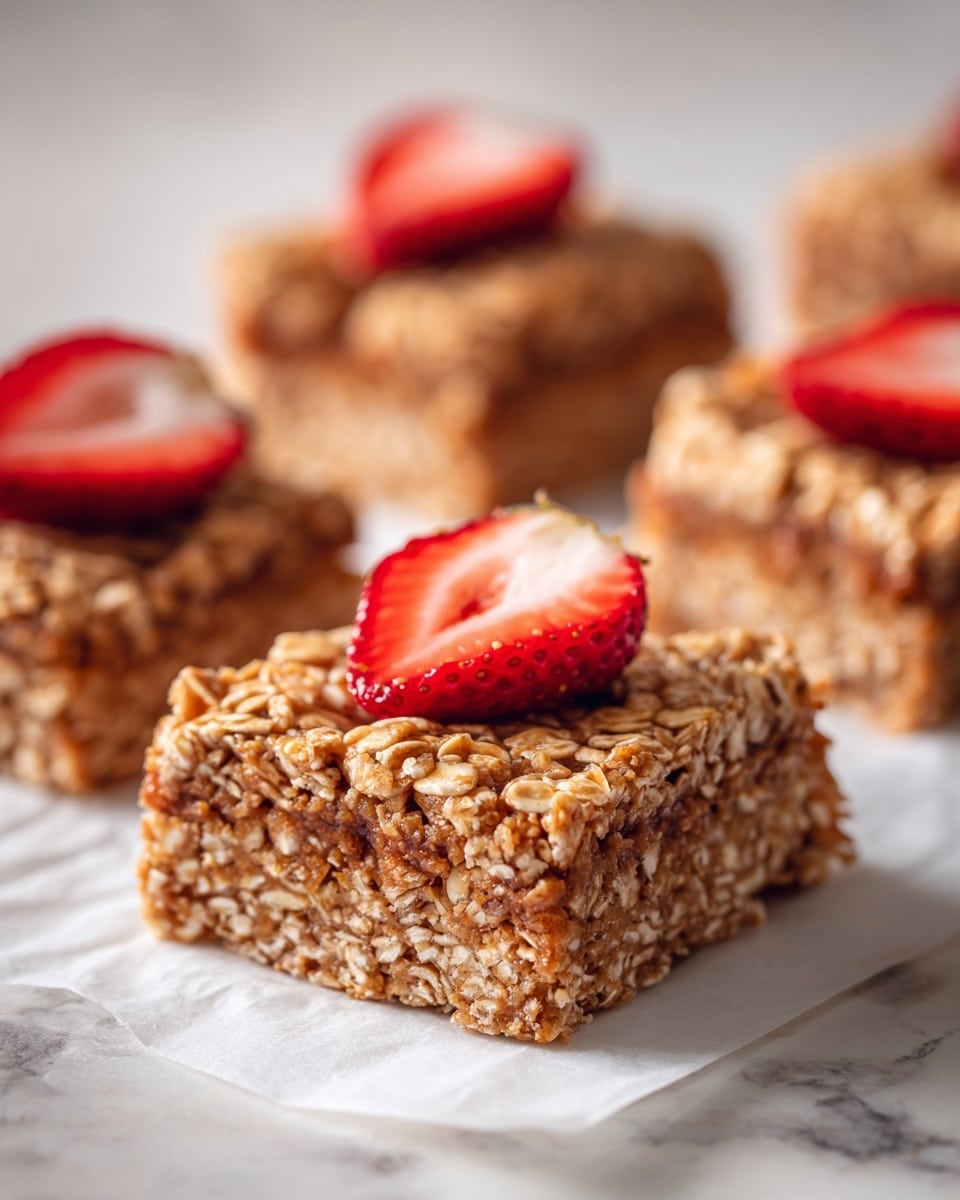 The image shows several square oatmeal bars placed on a white marbled surface, each topped with a single slice of bright red strawberry. The oatmeal bars have a dense, crumbly texture with a light brown color, visibly packed with oats. The strawberry slices are fresh, glossy, and positioned neatly on top in the center of each bar, adding a pop of vibrant red color against the neutral tone of the oat bars. The close-up focus highlights the detailed textures of both the oats and the juicy strawberries. photo taken with an iphone --ar 4:5 --v 7