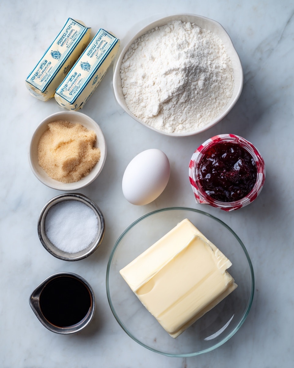 The image shows several baking ingredients neatly arranged on a white marbled surface. At the center, there is a white bowl filled with white flour. Above the bowl are two wrapped sticks of unsalted butter with blue and beige labels. To the right, on a clear glass plate, lies a block of cream cheese with smooth white texture. Below the plate is a single white egg placed next to a small silver bowl filled with white granulated sugar. To the left of the sugar bowl is a small black dish containing dark vanilla extract. Above these, there is a glass jar with a red and white checkered lid filled with dark red raspberry preserves. Finally, on the top left, a small silver bowl holds light brown sugar with a crumbly texture. All items are placed on a clean white marbled textured surface, photo taken with an iphone --ar 4:5 --v 7