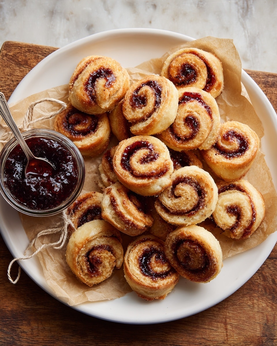 A white plate holds many small, rolled pastries with a golden-brown crust that looks slightly flaky. Each roll has a visible swirl of dark red jam inside, giving a mix of light brown and deep red colors. The pastries are spread together on a sheet of light brown parchment paper, with some tied loosely with tan string for decoration. To the left side of the plate, there is a small clear glass jar filled with dark red jam next to a silver spoon with jam on it. All of this is placed on a wooden table with a white marbled texture background visible around the edges. photo taken with an iphone --ar 4:5 --v 7