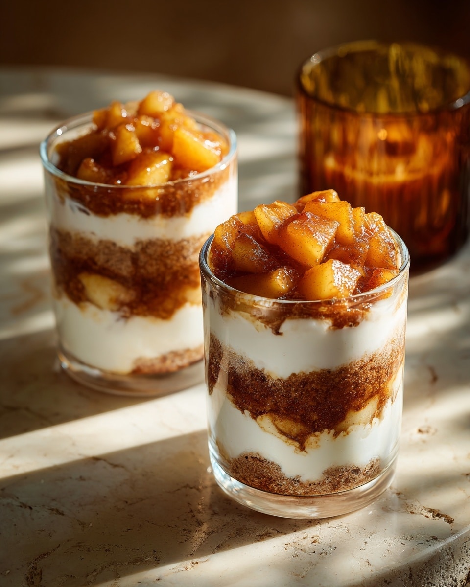 A clear glass holds a layered dessert with four distinct layers. The bottom layer is light beige chia pudding with visible chia seeds and small chunks of soft fruit. Above this is a thin layer of diced yellow fruit. The third layer is smooth white yogurt or cream, thick and even. On top, there is a chunky mixture of caramelized brown fruit pieces covered with a darker brown sauce that looks creamy and glossy. A woman's hand with a dark sleeve holds the glass against a soft light background with a white marbled texture. Photo taken with an iphone --ar 4:5 --v 7