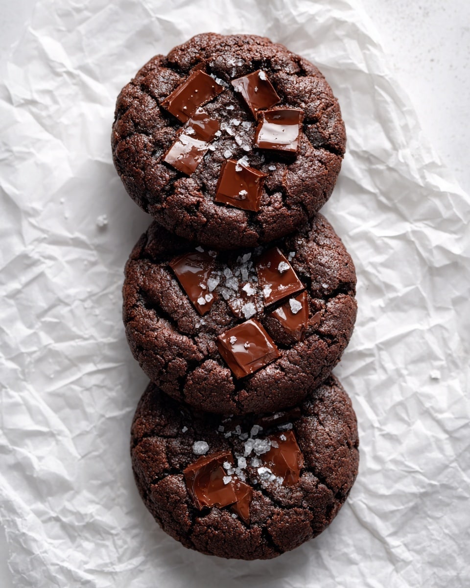 The image shows a stack of three dark chocolate cookies with a rich, moist texture. The bottom cookie has a slightly shiny and cracked surface with some chocolate chunks visible. The middle cookie has a similar texture, topped with small coarse salt flakes that add contrast to the dark brown color. The top cookie is broken in half, showing its dense, fudgy inside with melted chocolate pools. The cookies are placed on a white marbled surface with a soft, blurred background. Photo taken with an iphone --ar 4:5 --v 7