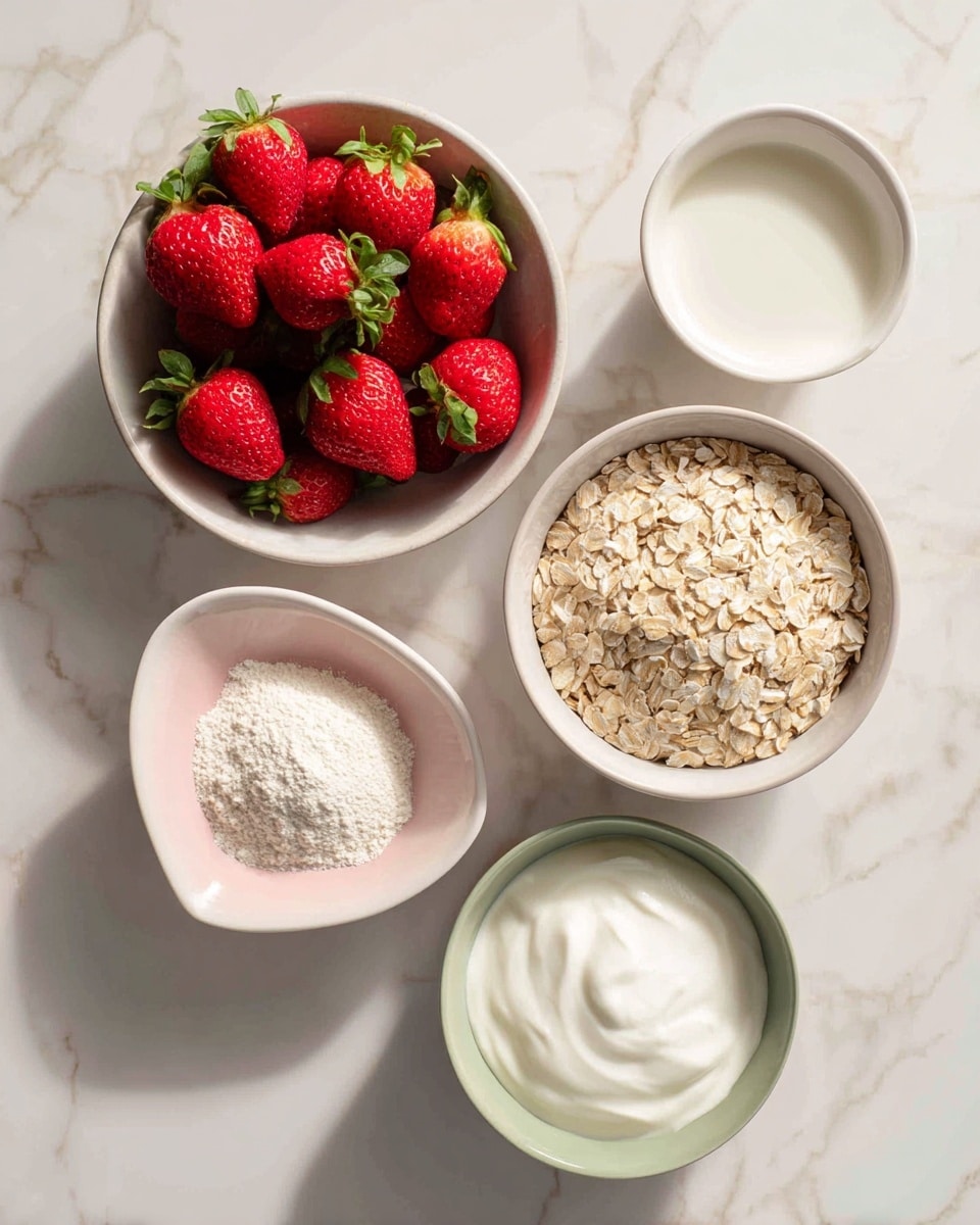 A top-down view of five white dishes arranged on a white marbled surface: a bowl filled with bright red strawberries with green leaves on the left, a bowl filled with light beige rolled oats positioned at the top right, a smaller bowl with white protein powder below the oats, a uniquely shaped white bowl with light pink edges containing white milk at the bottom left, and a small green bowl holding thick white Greek yogurt at the bottom right, with long shadows stretching across the surface. photo taken with an iphone --ar 4:5 --v 7