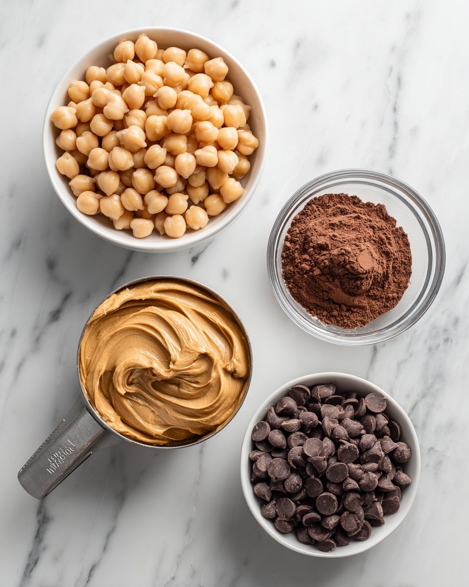 The image shows four separate containers with ingredients placed on a white marbled surface. At the top left, a white bowl is filled with light beige chickpeas, each smooth and round. To the right of this bowl, there is a clear glass bowl containing a fine dark brown powder with a slightly uneven surface. Below the chickpeas, a metal measuring cup holds creamy peanut butter with a smooth and thick texture swirling gently at the top. At the bottom right, another white bowl contains round dark chocolate chips stacked loosely. The arrangement is clean and bright, with all items clearly visible. Photo taken with an iphone --ar 4:5 --v 7