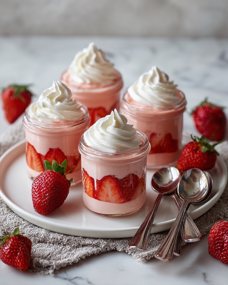 Four small glass jars hold a layered strawberry dessert arranged on a white plate. Each jar has a bottom layer of fresh sliced strawberries, visible through the glass as red and juicy, then topped with a smooth light pink creamy layer, all crowned with a swirl of white whipped cream. The plate also has whole fresh strawberries scattered around it, adding bright reds and greens to the scene. Two shiny silver spoons rest beside the jars on the plate. The setting is on a white marbled surface with a neutral textured cloth underneath part of the plate. photo taken with an iphone --ar 4:5 --v 7