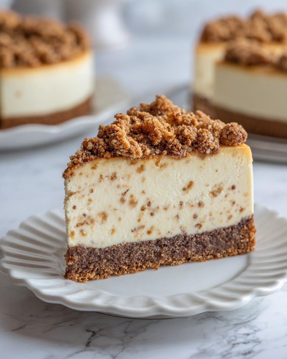 The image shows a slice of creamy, pale beige cheesecake with visible specks from spices or vanilla, sitting on a white scalloped-edge plate. The cheesecake has three distinct layers: the base is a thick, crumbly, dark brown crust; the middle is a smooth, dense cream cheese layer; and the top is covered with a chunky, golden brown streusel crumb layer with small pieces of baked apple peeking through. The background is a white marbled texture with blurred additional slices of the same cheesecake in the distance. Photo taken with an iphone --ar 4:5 --v 7