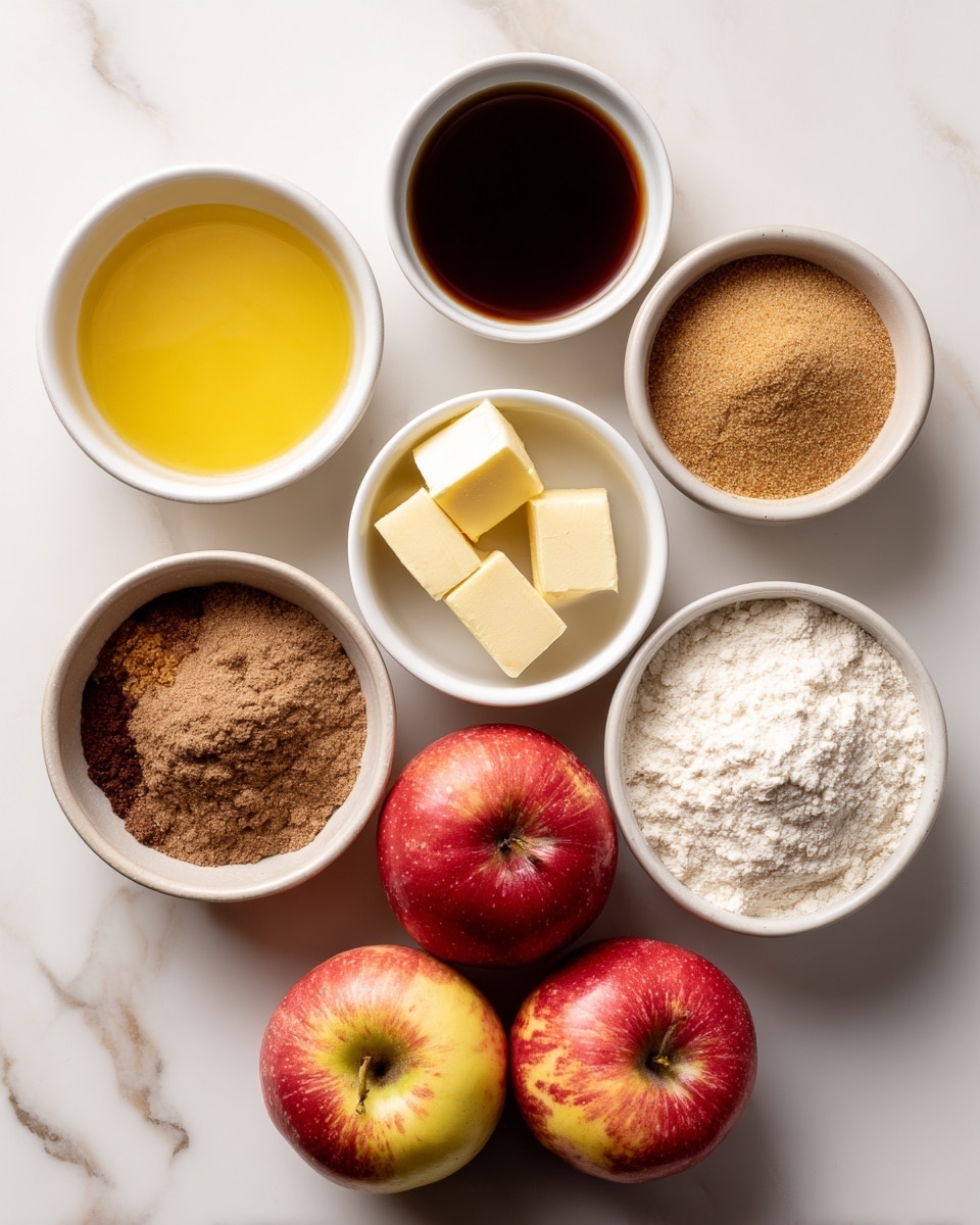 Seven small white bowls are arranged in two rows on a white marbled surface; the top row has three bowls and the bottom row has four. The top left bowl contains a yellow whisked egg mixture, the top middle bowl holds a dark brown liquid, and the top right bowl has two small pale yellow butter pieces. The bottom row from left to right features light brown soft sugar, a mix of brown and tan powdered spices, darker brown granulated sugar, and white flour in the last bowl. In front of the bowls, two fresh red apples with yellow patches rest directly on the surface. Photo taken with an iphone --ar 4:5 --v 7
