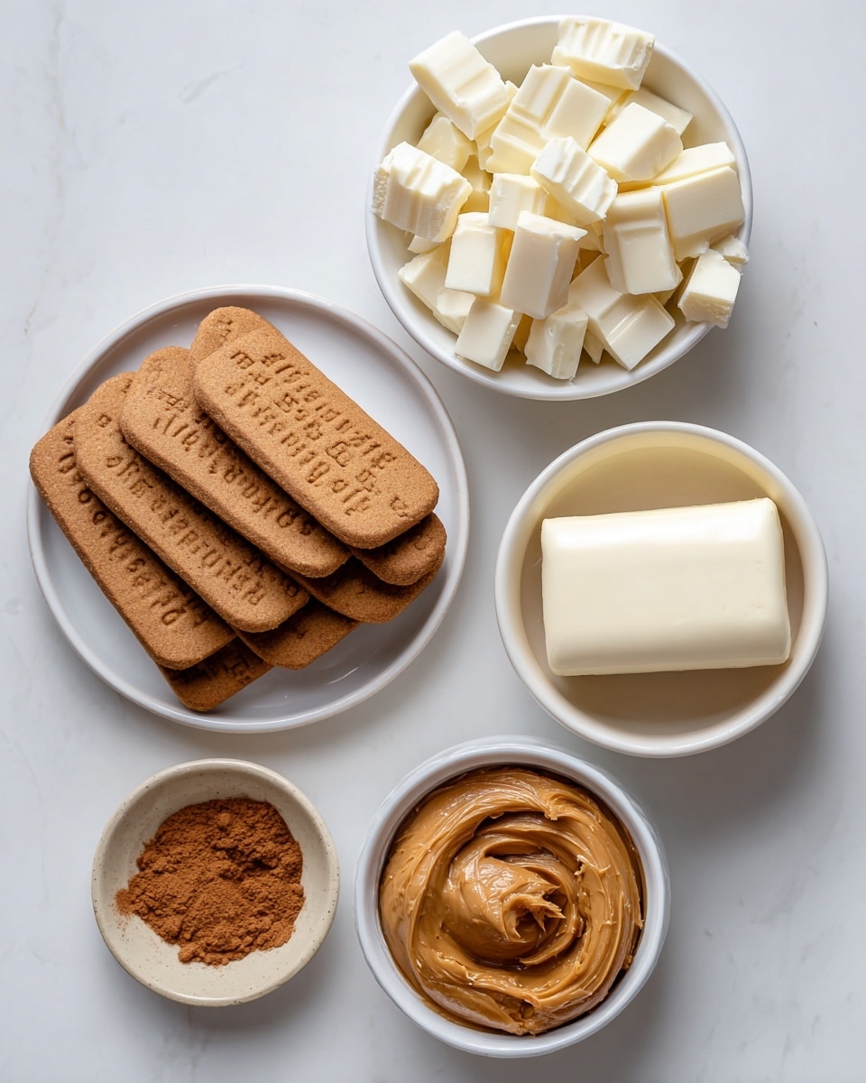 The image shows five ingredients arranged on a white marbled surface. On the left side, there is a white round plate filled with neatly stacked rectangular biscoff cookies, light brown in color with text embossed on each cookie. On the top right, a white bowl holds a pile of broken white chocolate pieces, creamy white in color. Below it, a smaller white bowl contains a large block of smooth cream cheese, pale white. To the bottom right, another white bowl is filled with smooth and thick biscoff spread, rich caramel brown in color. Near the bottom left, a small beige dish holds a small pile of cinnamon powder, medium brown and fine in texture. Photo taken with an iphone --ar 4:5 --v 7