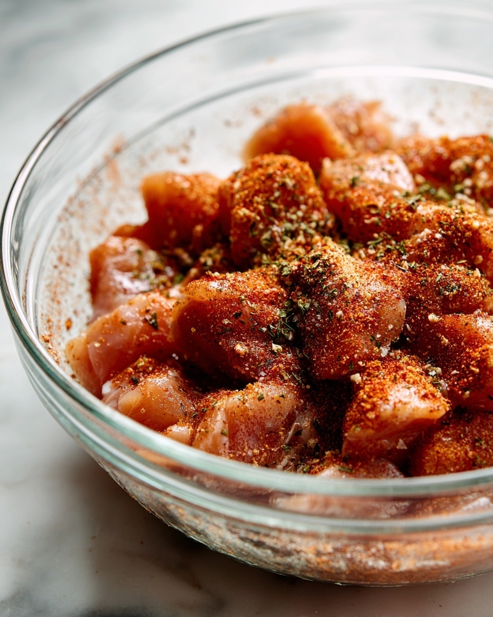 The image shows a clear glass bowl filled with raw chicken pieces, seasoned with a generous layer of reddish-brown spices and herbs scattered all over the meat. The chicken pieces are uneven in size, with the spices giving a rough textured look on the surface. The bowl sits on a white marbled surface, and the light reflects softly on the shiny parts of the raw chicken and the glass bowl edges. The seasoning powder is spread unevenly around the inner sides of the bowl. Photo taken with an iphone --ar 4:5 --v 7