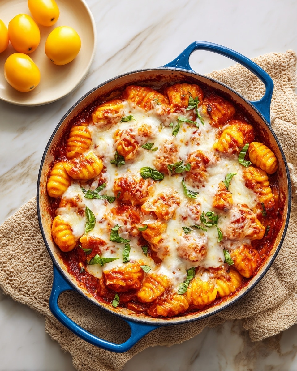 The image shows a pan filled with three layers: the base layer is a chunky red tomato sauce with bits of vegetables, on top are plump, bright orange potato gnocchi pieces with ridges, and the top layer has melted white mozzarella cheese that is golden brown in some spots. Bright green basil leaves are scattered over the dish, adding a fresh look. The pan sits on a white marbled surface. Photo taken with an iphone --ar 4:5 --v 7