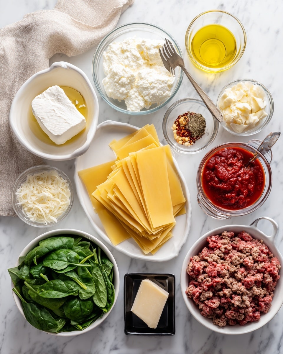 The image shows many ingredients arranged on a white marbled surface for making lasagna. At the top left, there is a white bowl with a block of mozzarella cheese, next to it a clear glass bowl with ricotta cheese and a fork inside. Near that is a small white bowl with yellow olive oil. To the right side, there are chopped onion and garlic and a white bowl filled with mixed seasoning of salt, pepper, and red flakes. Three yellow lasagna noodles are placed diagonally in the center. Below the noodles, a black dish holds a small block of parmesan cheese. On the bottom right, a glass bowl contains raw ground beef and ground sausage together. Nearby is a clear measuring cup with broth. On the left side, a white bowl with fresh green spinach leaves, a small white bowl of bright red tomato paste, and a white bowl with red tomato sauce are visible. A light-colored cloth is partially visible on the far left. All items are neatly placed, showing various textures and colors from creamy white to red, green, yellow, and beige. Photo taken with an iphone --ar 4:5 --v 7