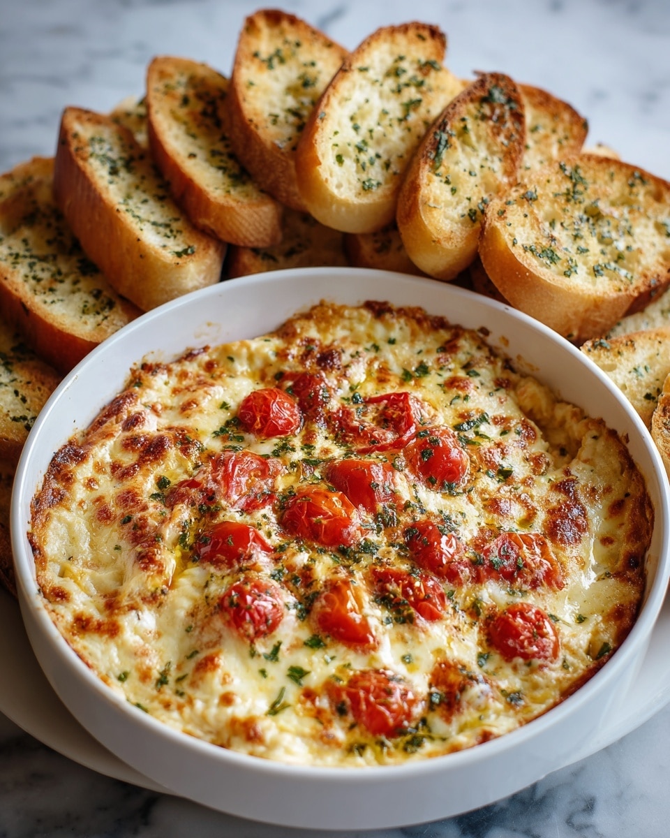 The image shows a white bowl filled with a baked cheesy dip. The top layer is golden brown melted cheese with small bright red cherry tomato pieces scattered on it, along with bits of green herbs. The cheese appears bubbly and slightly crispy around the edges of the bowl. Next to the bowl, there is a large pile of toasted garlic bread slices which are light golden brown with a sprinkle of dried green herbs on top. The whole scene is set on a white marbled surface. photo taken with an iphone --ar 4:5 --v 7
