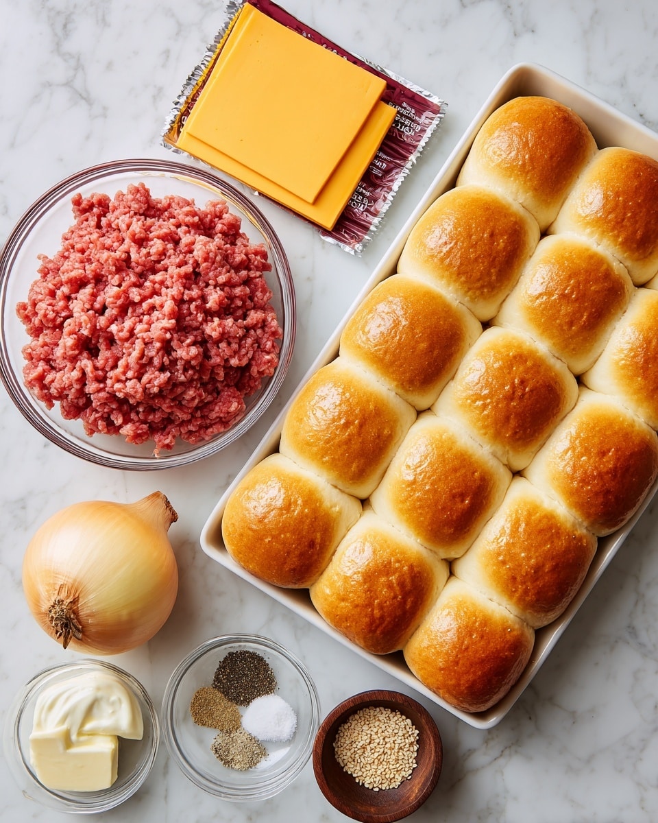 The image shows ingredients laid out on a white marbled surface. There is a clear bowl on the upper left filled with raw, red ground meat showing a coarse texture. Next to it is a package of yellow-orange medium cheddar cheese slices in a red and black wrapper, partially open. On the right, there is a white tray holding twelve golden brown soft dinner rolls arranged in a 3x4 grid, each roll smooth with slight cracks on top. Below the meat bowl, there is a small white dish with black pepper, white salt, and beige garlic powder arranged in small piles. To the left of this dish is a whole yellow onion with a dry tip and smooth skin. Near the center bottom are two small clear glass bowls; one contains white creamy mayonnaise, and the other holds a pale yellow square pat of butter. A small dark wooden bowl on the lower right has a few sesame seeds inside. The scene is bright and clear, photo taken with an iphone --ar 4:5 --v 7