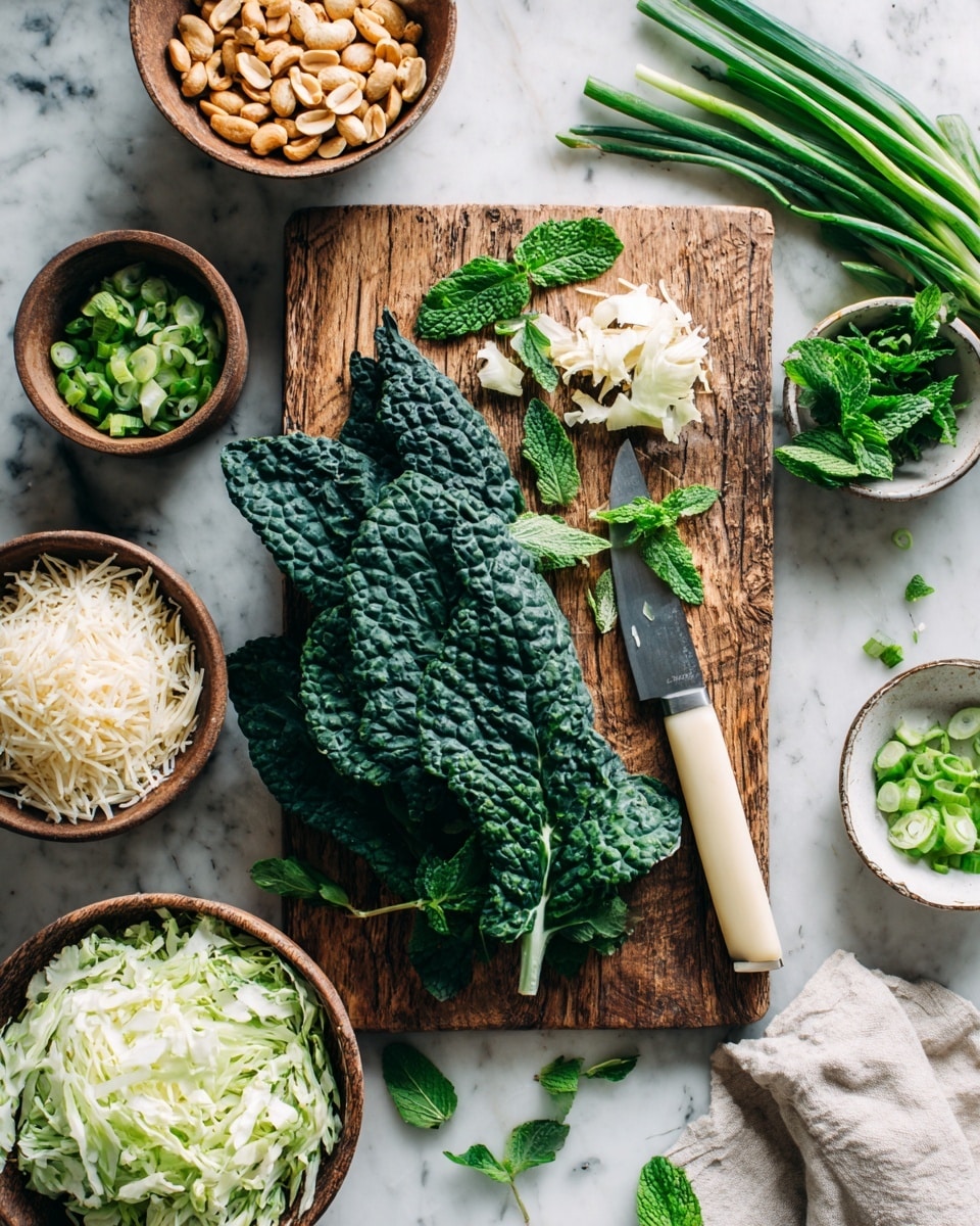 The image shows a wooden cutting board on a white marbled surface with several items arranged around it. On the cutting board, there are a few fresh whole kale leaves with a dark green, bumpy texture, and some bright green mint leaves, some whole and some chopped near a knife with a cream-colored handle resting on the board. To the left, a small brown bowl holds unshelled peanuts, while to the right, a medium brown bowl contains shredded white cheese with a small piece of cheese on top. Above, another brown bowl holds chopped cilantro leaves, and to its right is a bowl filled with shredded white cabbage. Near the bowls, there are some green onions on the white marbled surface along with a small white dish containing sliced green onion tops. A light beige cloth is partially visible on the right side. The overall colors are natural greens, browns, and whites, with a rustic and fresh feel. photo taken with an iphone --ar 4:5 --v 7