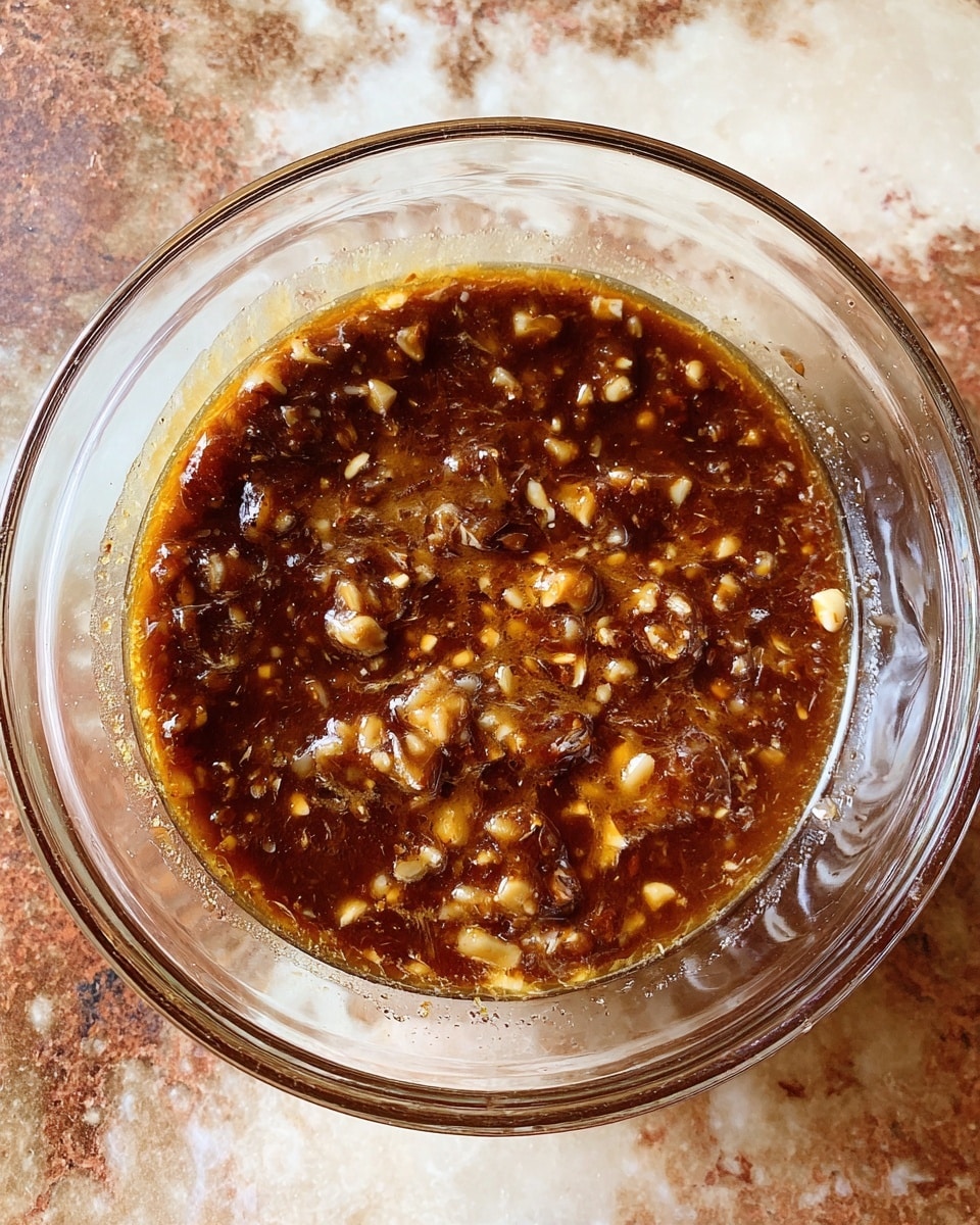 A clear glass bowl filled with a brown sauce that has small chopped bits of nuts or garlic spread throughout. The sauce layer is shiny with a slightly thick texture, sitting on a white marbled surface with rustic brown and gold tones visible around the edges. The sauce spreads evenly inside the bowl but has some splashes on the sides. photo taken with an iphone --ar 4:5 --v 7