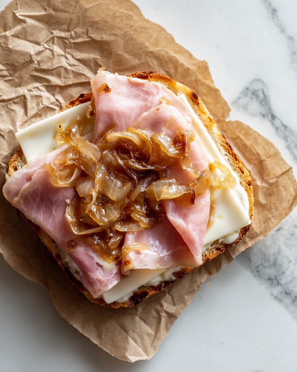 A close-up top view of a sandwich shows a bottom layer of thinly sliced light pink deli meat, topped with a second layer of overlapping white cheese slices covering the meat almost fully. On top, there is a layer of golden to dark brown caramelized onions spread unevenly across the cheese, creating a textured and slightly shiny look. The sandwich is placed on a piece of crinkled brown paper on a white marbled surface. photo taken with an iphone --ar 4:5 --v 7