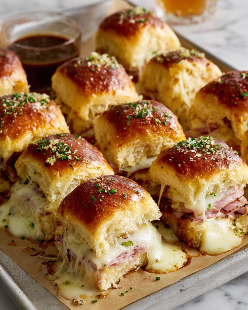 The image shows a close-up of a cluster of twelve shiny golden brown dinner rolls arranged in a 4 x 3 grid. Each roll has a soft, glossy top sprinkled with small pieces of chopped green parsley and tiny bits of minced garlic scattered unevenly over the surface. The rolls are tightly packed together, sitting on a sheet of brown parchment paper with a few parsley bits scattered around. The white marbled texture surface underneath the parchment paper adds a clean, elegant contrast to the warm tones of the rolls and green garnish. Photo taken with an iphone --ar 4:5 --v 7