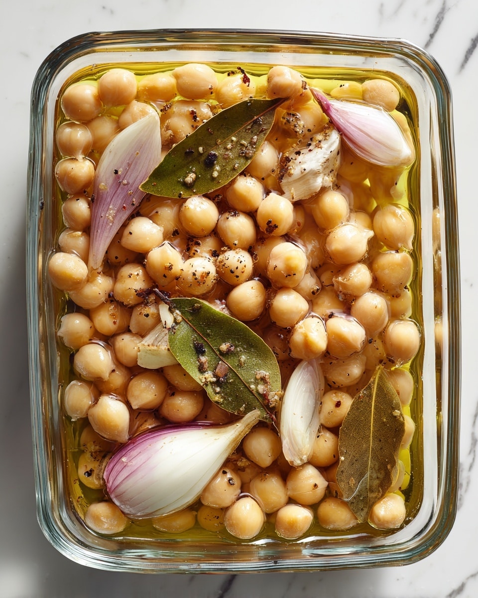 A clear glass square dish filled with many round, light beige chickpeas soaked in a pool of golden oil, mixed with whole peeled white garlic cloves, several purple shallot wedges, and dark green bay leaves scattered throughout, all topped with black pepper specks, sitting on a white marbled surface photo taken with an iphone --ar 4:5 --v 7